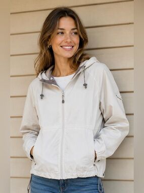 Cabela’s 100% Cotton Off-White/Cream Full Zip Hooded Jacket Windbreaker, Medium